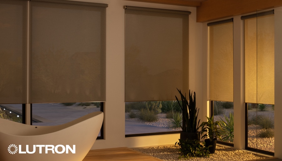 Lutron shades partially lowered in a living space to provide privacy from the peering eyes of neighbors.