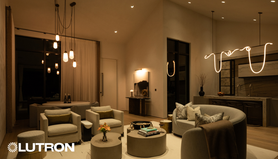 Stunning Lutron pendant and rope light fixtures in a warmly illuminated living room.