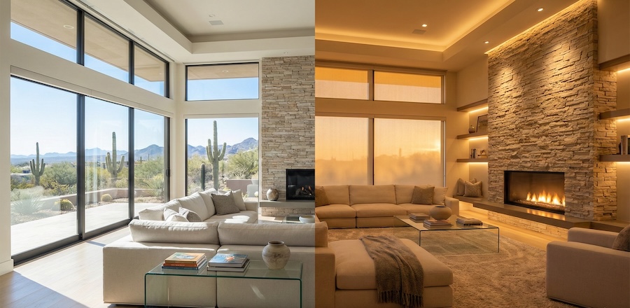 Split view of an Arizona living room showing bright daytime desert scenery vs. warm evening lighting.