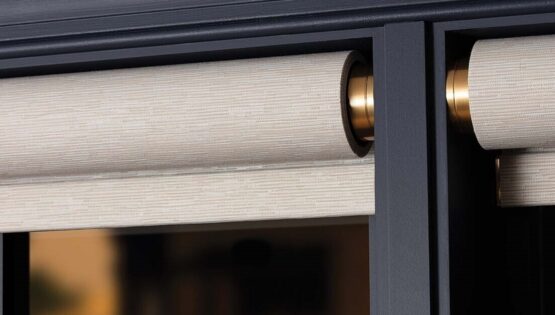 Close-up of a Lutron Palladiom roller and gold bracket installed within the window frame.