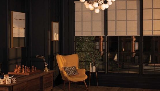 Cozy den with dark walls, motorized shades, chandelier, armchair, and a city window view.
