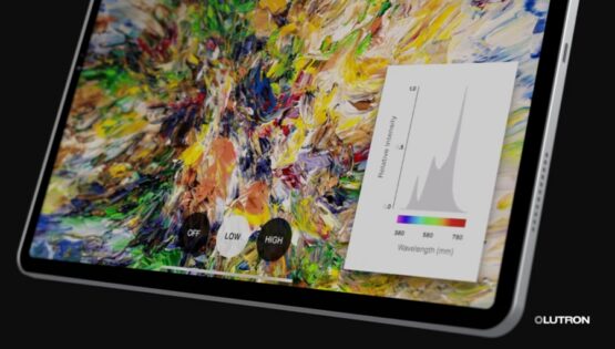Tablet shows a colorful painting beside a Lutron spectral chart with Off, Low, and High light settings.